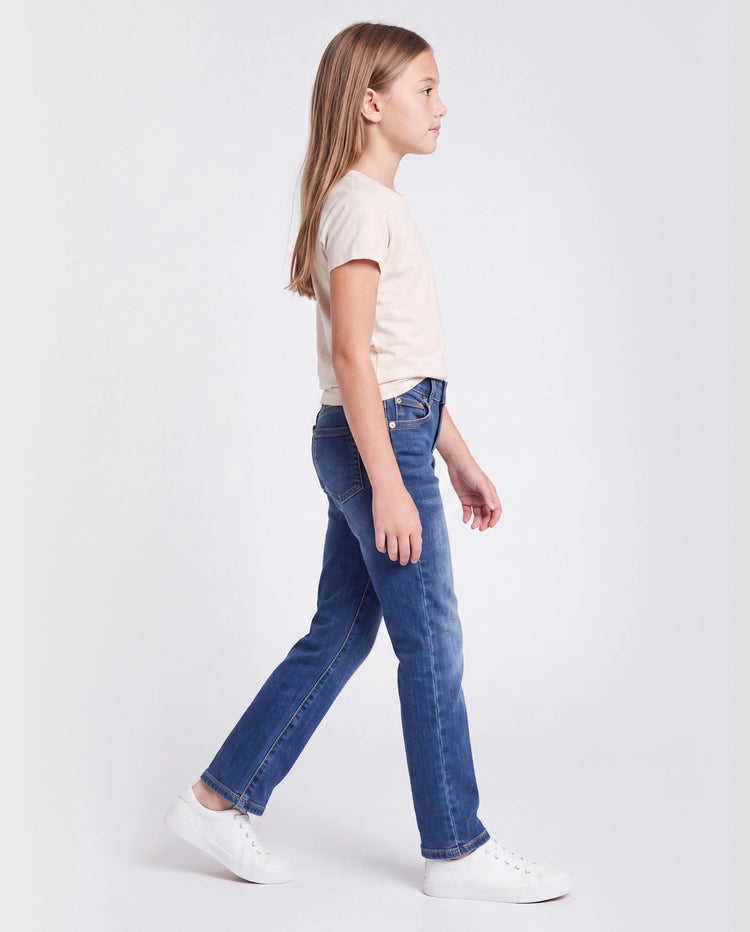 Kids Pull On Elastic Waist Denim Jeans Soft Stretch Comfortable Everyday Pants with Pockets Deep Blue
