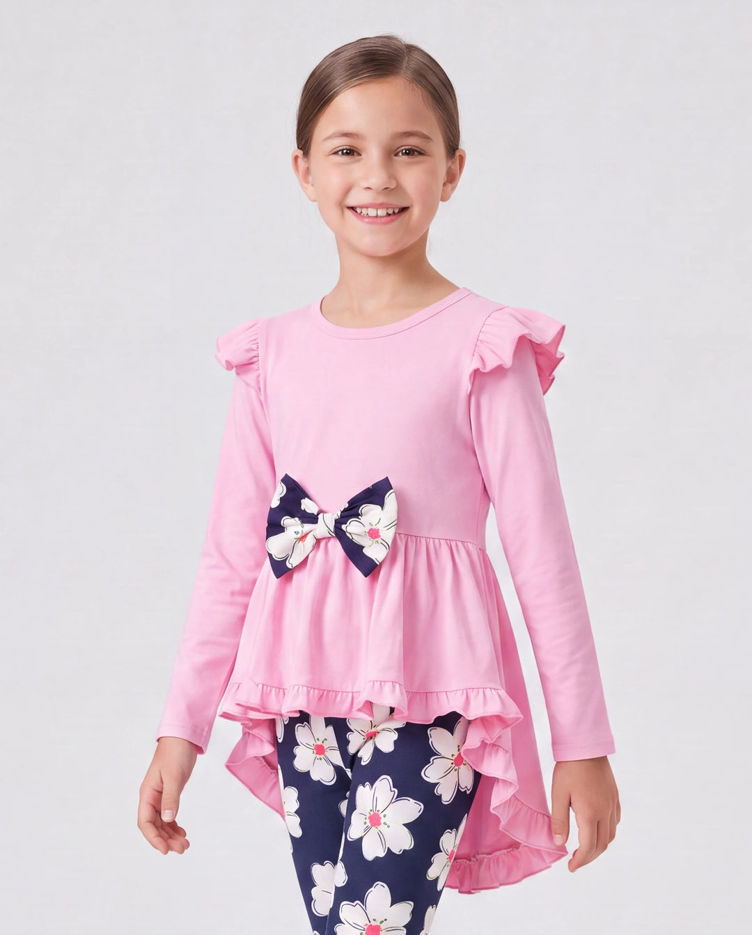 Ensemble 2 pièces pour fille avec t-shirt à manches longues et volants avec nœud papillon et pantalon imprimé floral rose