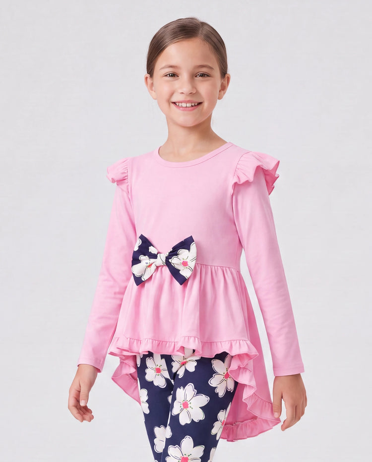 Ensemble 2 pièces pour fille avec t-shirt à manches longues et volants avec nœud papillon et pantalon imprimé floral rose