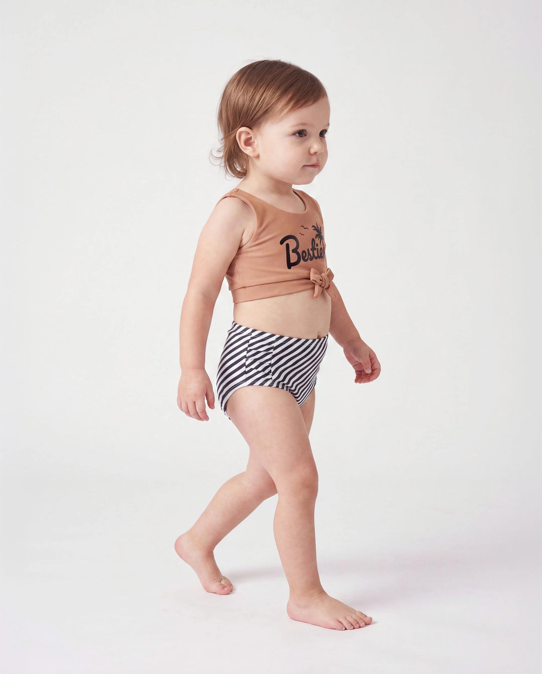 Bikini crop top con tirantes y cordón para niña pequeña con rayas verticales y estampado Besties caqui