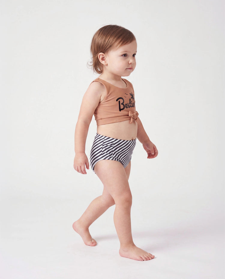 Bikini crop top con tirantes y cordón para niña pequeña con rayas verticales y estampado Besties caqui