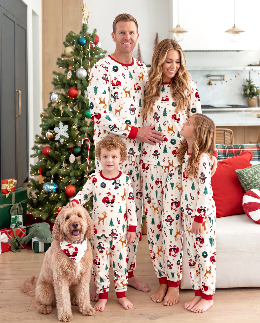 Pyjamas de Noël assortis pour toute la famille en polaire, imprimé de rennes et de sapins de Noël