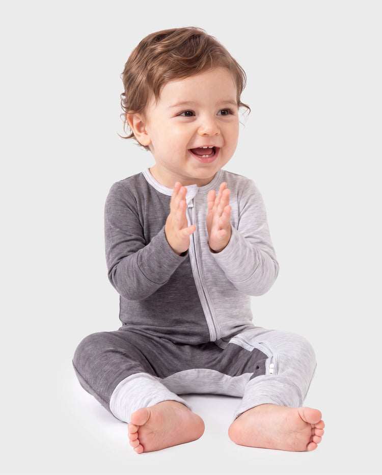 Bambus Baby Junge / Mädchen Farbblock 2-Wege-Reißverschluss Strampler Anti-Rutsch Langarm Strampler grau