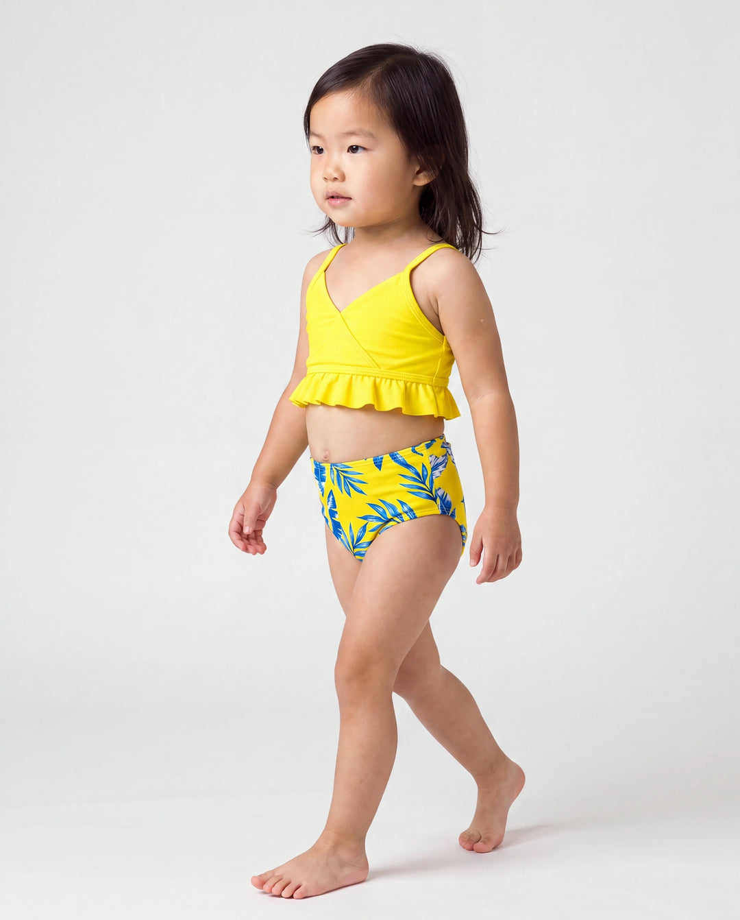 Bikini amarillo con estampado de hojas, mangas con volantes y fruncido para niña pequeña Amarillo