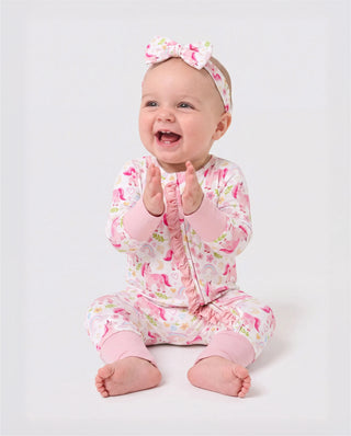 Footie de bambú para bebé niño/niña con estampado de animales, cremallera bidireccional, antideslizante, de manga larga y con banda para el pelo, color rosa