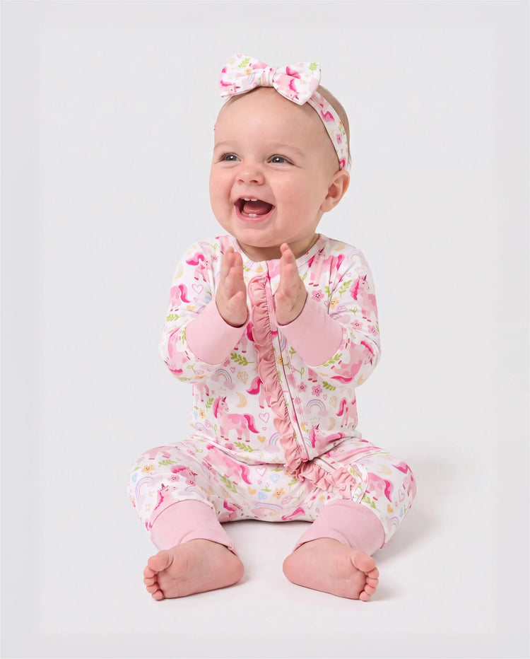 Bamboo Baby Boy/Girl Animal Printed 2-Way Zipper Anti Slip Long-sleeve Footie with/without Hairband Pink