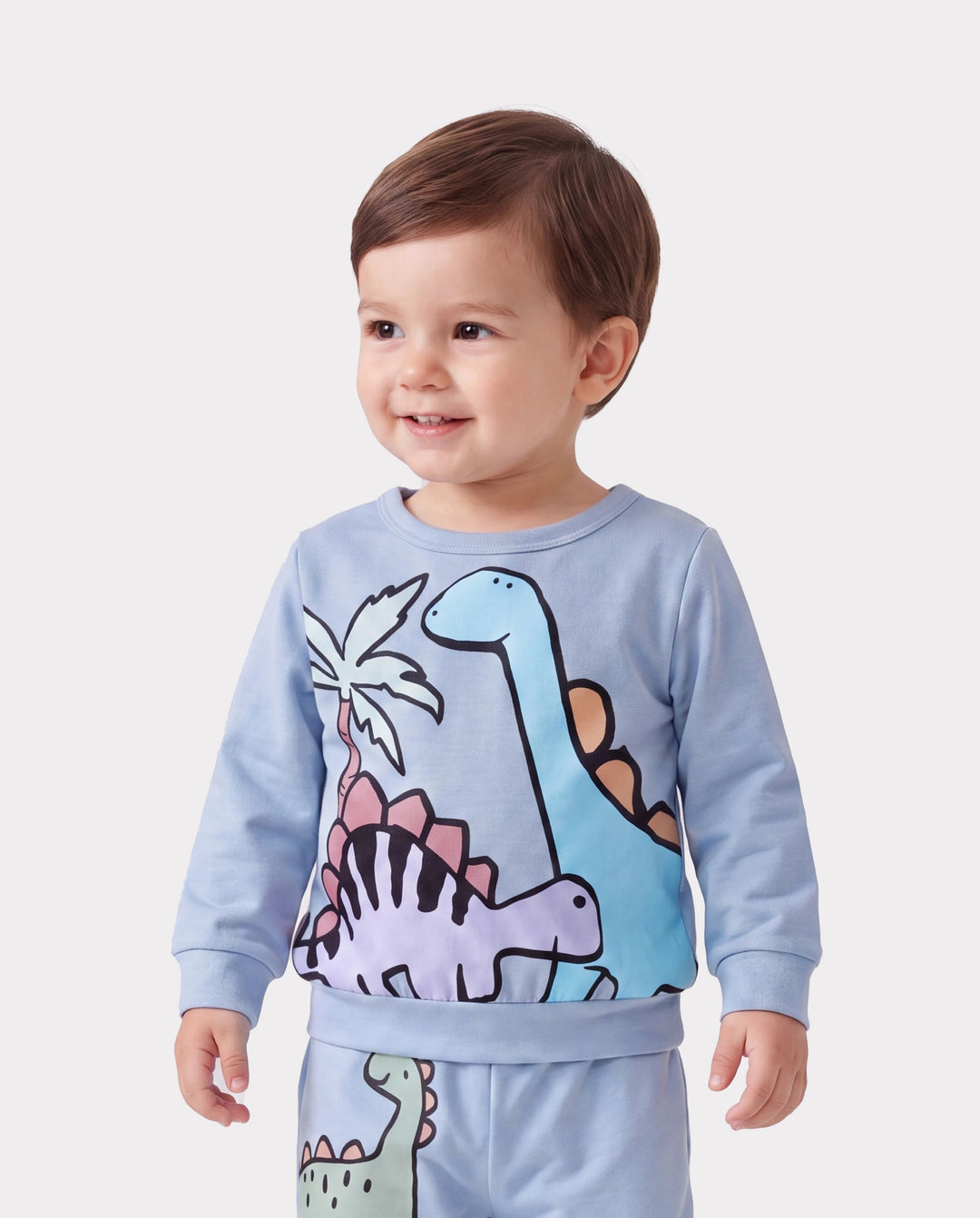 Baby Boy Clothes 2pcs Dinosaur/ Vehicle Print Sweatshirt and Pants Set Blue grey