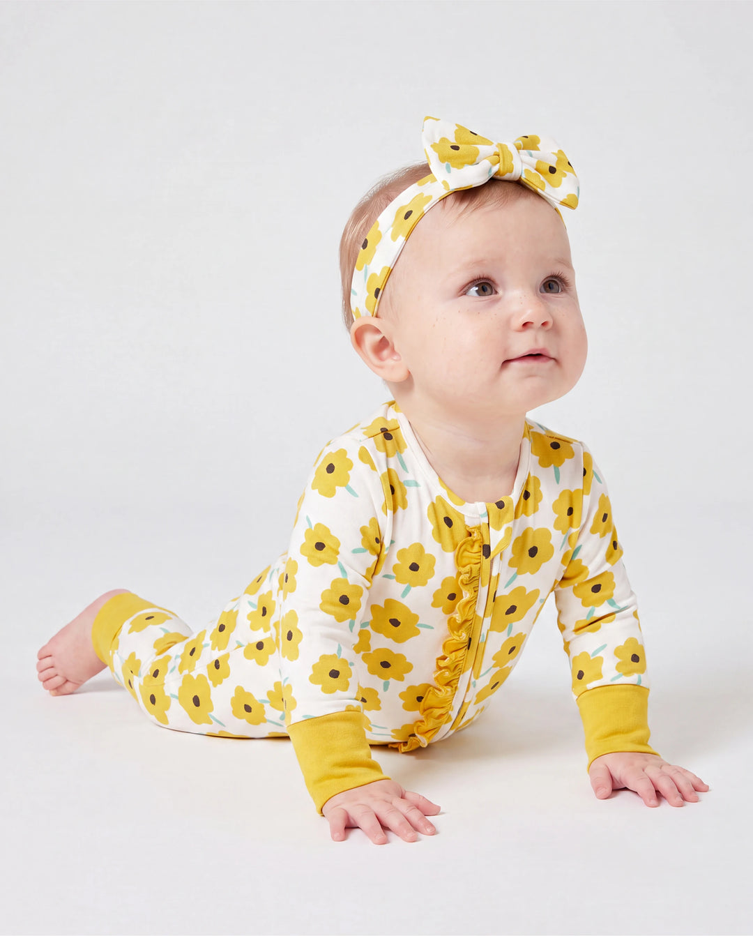 Bamboo Baby Boy/Girl Animal Printed 2-Way Zipper Anti Slip Long-sleeve Footie with/without Hairband Yellow