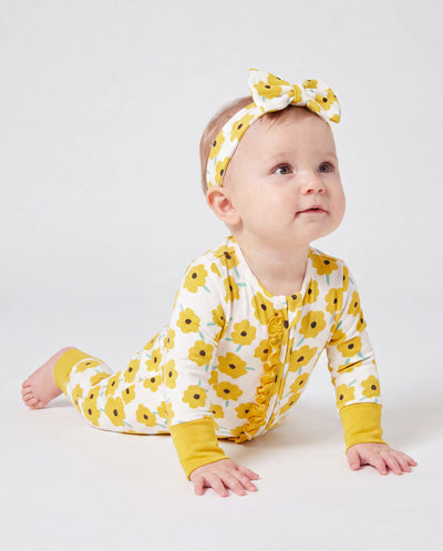 Grenouillère à manches longues et pieds intégrés, imprimée animaux, en bambou, jaune, avec fermeture éclair double sens et bandeau.