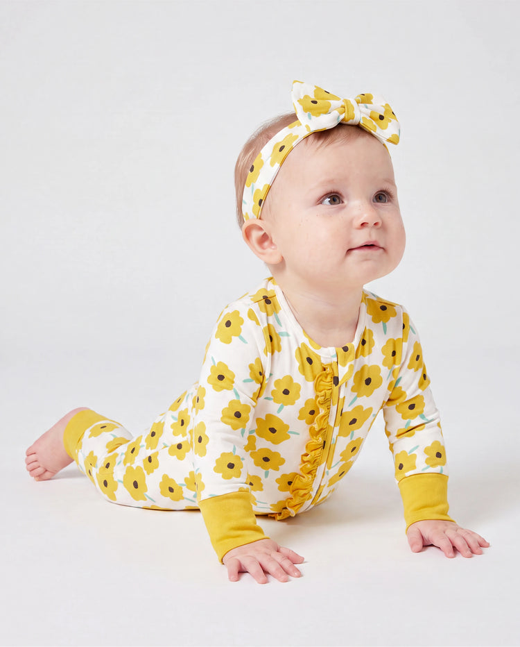 Bambus Baby Jungen/Mädchen Tier bedruckt 2-Wege-Reißverschluss Strampler Anti-Rutsch Langarmfußball mit Haarband gelb