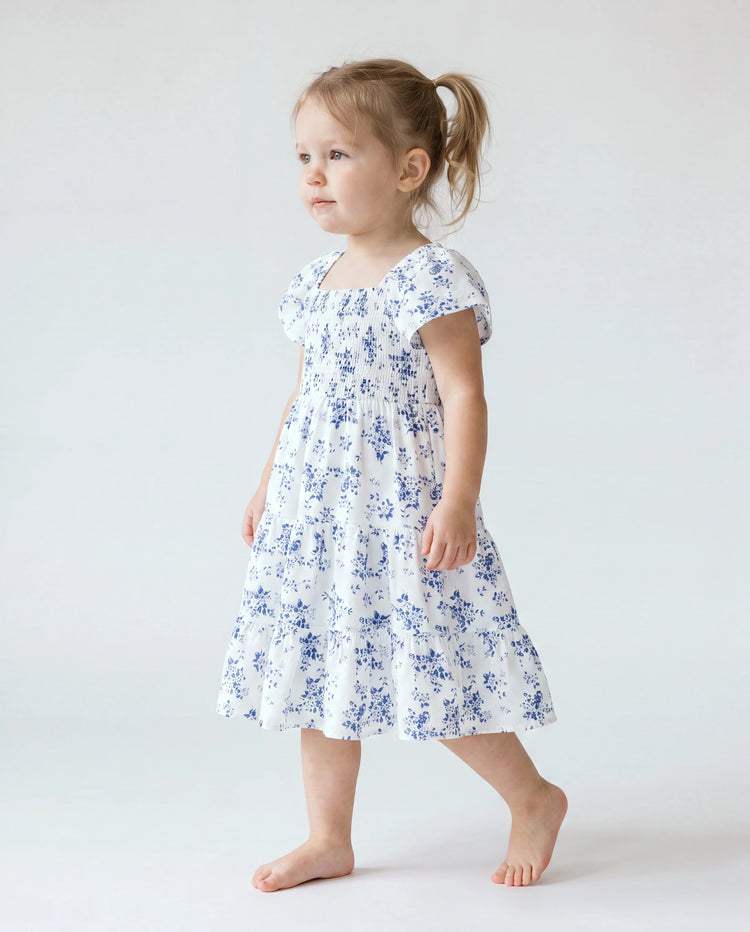 Vestido casual para niña pequeña/niña con fruncido floral azul y blanco