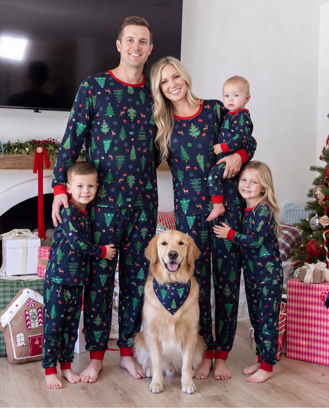 Christmas Matching Family Pajamas Xmas Tree Print Navy