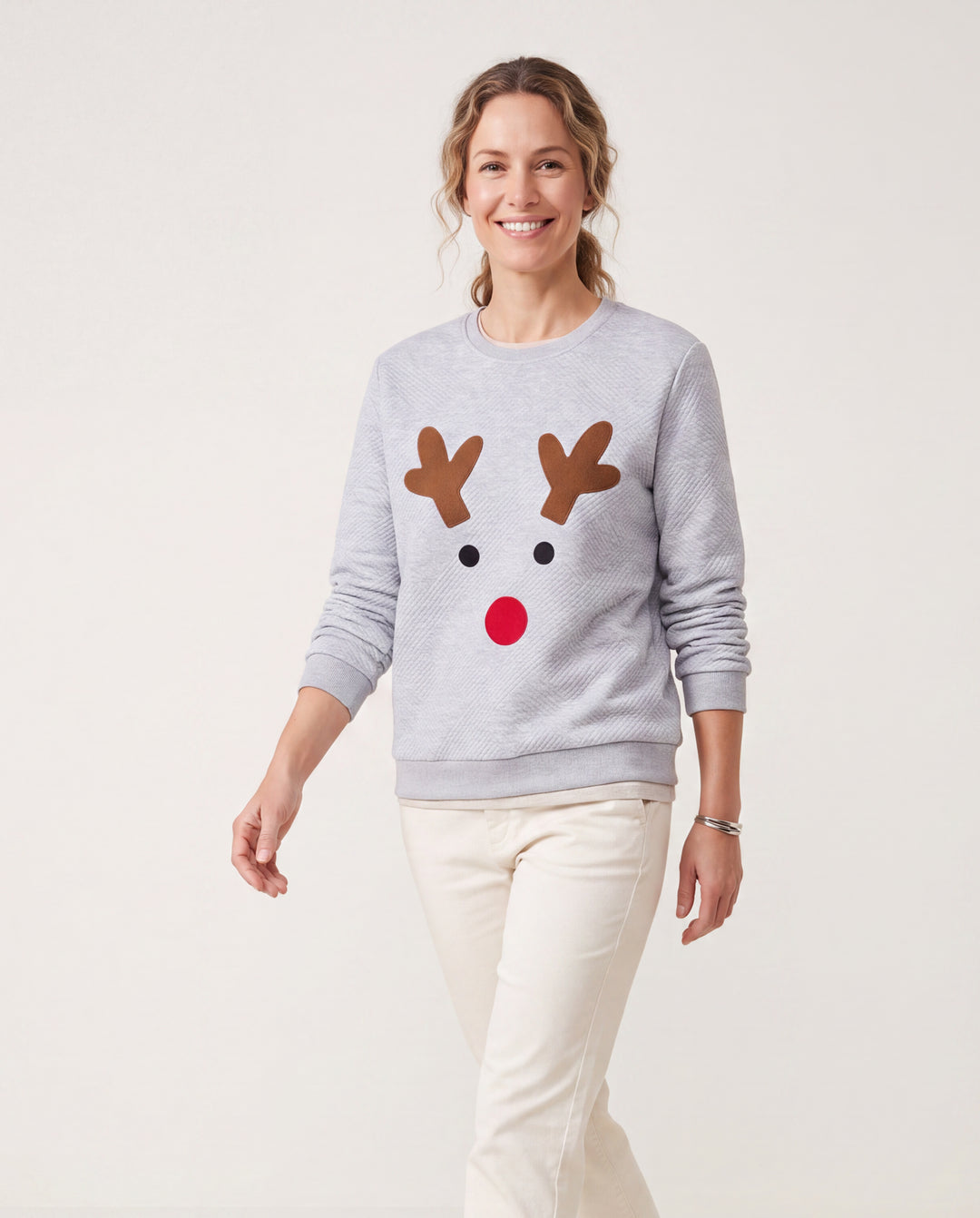 Sweat-shirt à manches longues pour toute la famille, motif renne brodé, gris