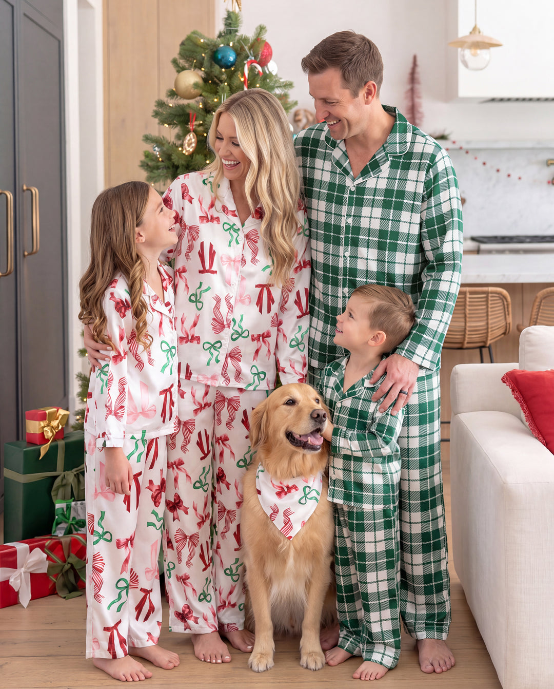 Christmas Matching Family Satin Pajamas Bow & Plaid Print Multicolor