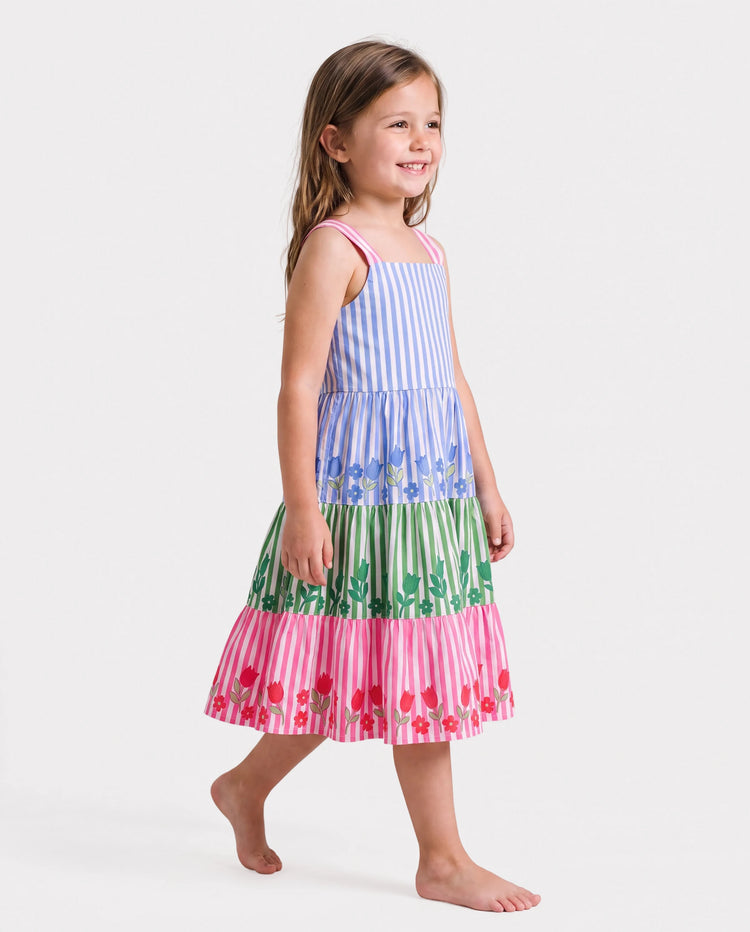 Fresh Market Toddler Girl Colorful Striped Floral Tiered Dress Multi-color