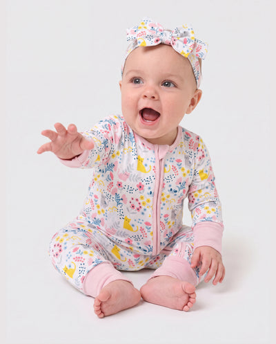 Bamboo Baby Girl Elegant Printed 2-Way Zip Onesies Anti Slip Long-sleeve Footie with Hairband Light Pink