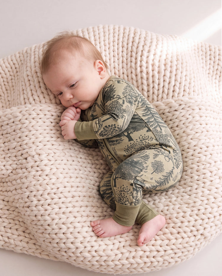 Pijama de lana ajustado con cremallera y estampado de plantas para bebé niño/niña, color verde