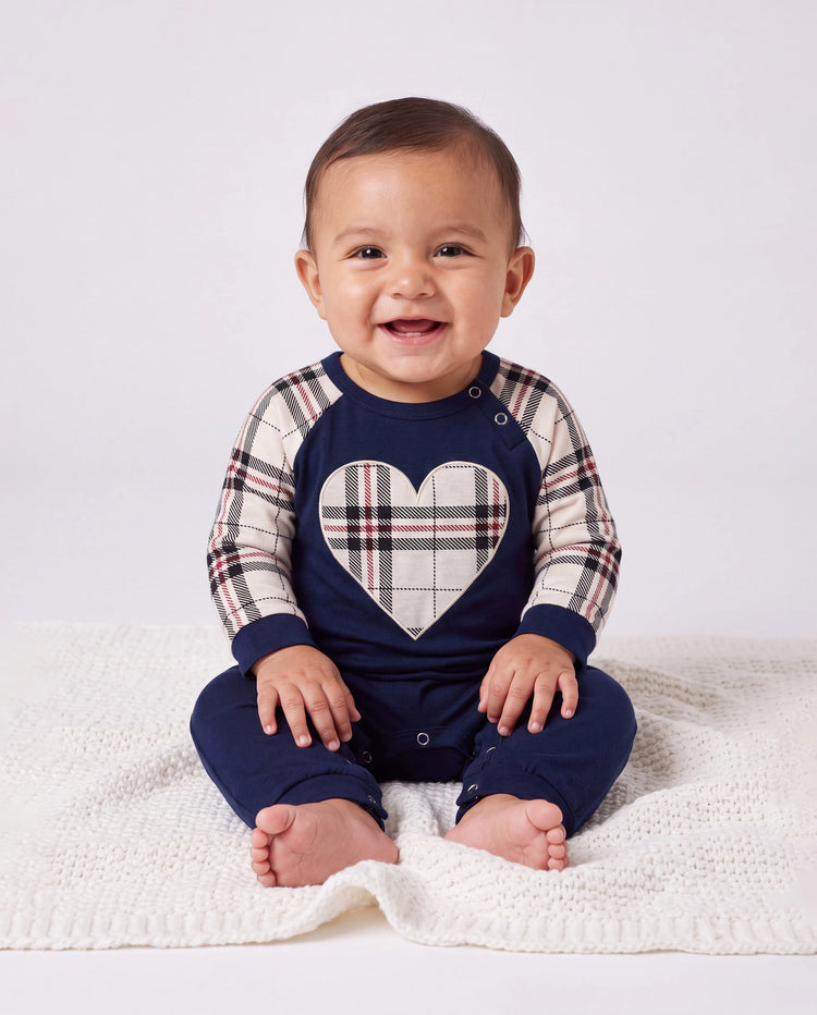 Family Matching School Grid Letter Print Patch Long Sleeve Pajamas Sets Blue