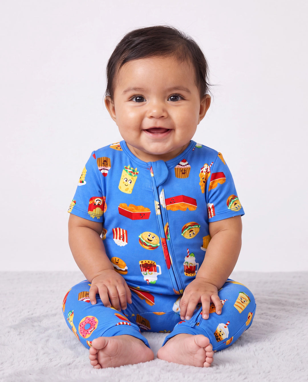 Pijamas de Bambú a Juego para la Familia Pijamas Suaves de Bambú para Hombres, Mujeres, Niños y Bebés, Pijama de Manga Corta con Estampado de Hamburguesa y Papas Fritas (Ajustado para Niños) Azul Real