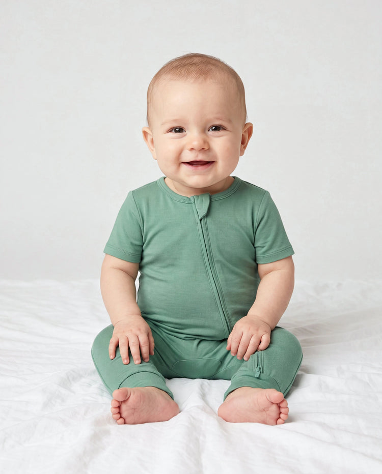 Daddy & Son Bamboo Pajamas Buttery Soft Bamboo Viscose PJs for Men Women Kids Toddler Baby, Solid Color Short Sleeve Shirt & Shorts Sleepwear Green
