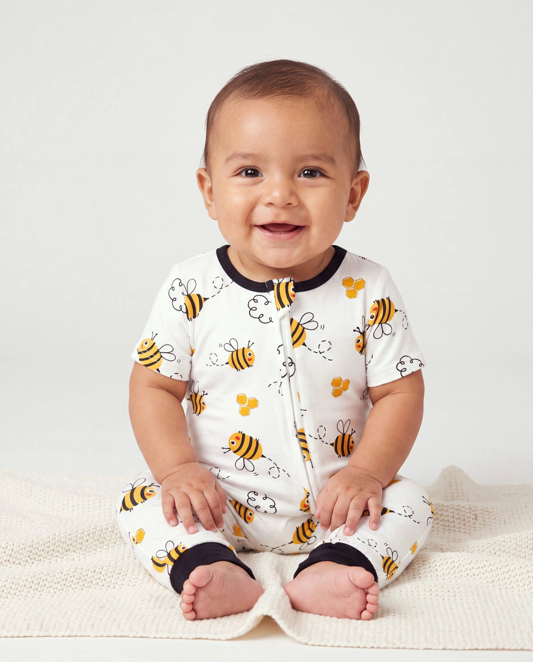 Mommy & me Bamboo Pajamas Soft Bamboo Viscose PJs for Men Women Kids Toddler, Cute Bee Print Sleepwear with Short Sleeve Top and Long Pants White