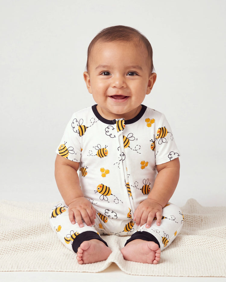 Mommy & me Bamboo Pajamas Soft Bamboo Viscose PJs for Men Women Kids Toddler, Cute Bee Print Sleepwear with Short Sleeve Top and Long Pants White
