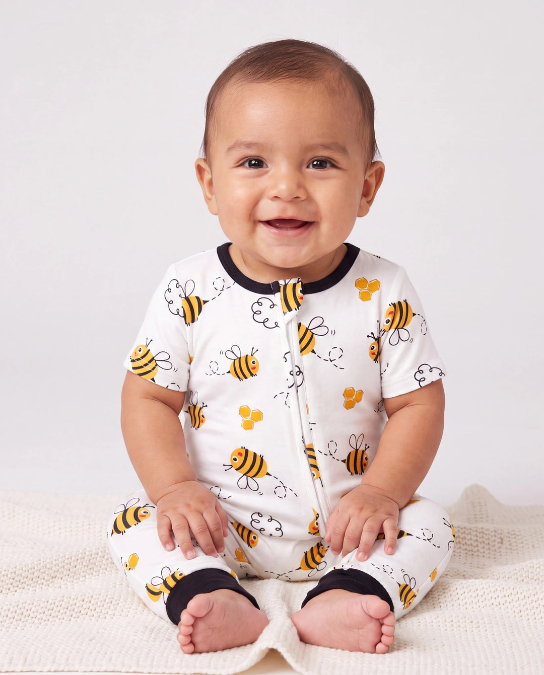 Family Matching Bamboo Pajamas Soft Bamboo Viscose PJs for Men Women Kids Toddler, Cute Bee Print Sleepwear with Short Sleeve Top and Long Pants White
