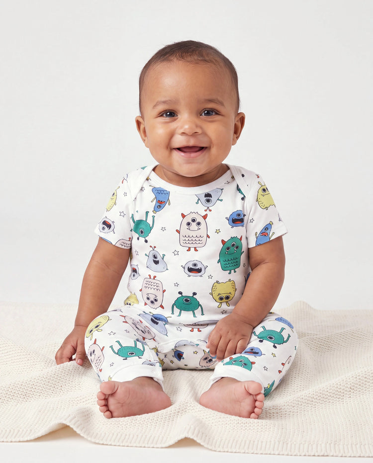 Daddy & Sohn Bambus Familien-Pyjamas Süßer kleiner Monsterdruck Kurzarm Passendes Pyjama-Set (Eng anliegend für Kinder) Weiß