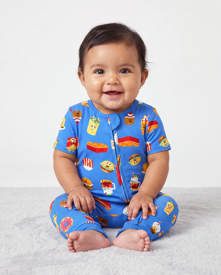 Pyjamas en bambou Maman & moi Pyjamas en bambou ultra doux pour hommes, femmes, enfants et tout-petits, motif mignon burger & frites, pyjama à manches courtes (ajusté pour enfants) Bleu royal