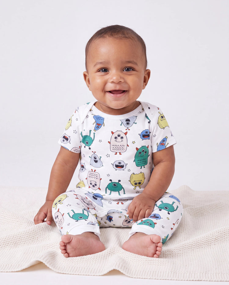 Bamboo Family Pajamas Cute Little Monster Print Short-sleeve Matching Pajama Set ( Snug-Fitting for Children ) White