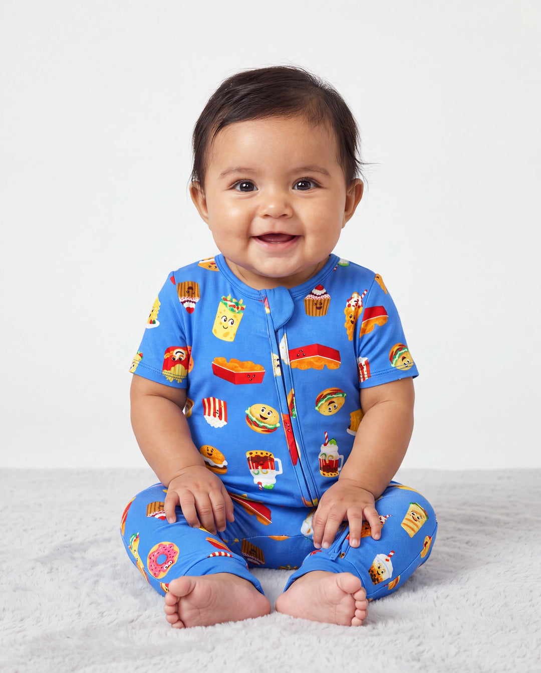 Daddy & Son Bamboo Pajamas Buttery Soft Bamboo PJs for Men Women Kids Toddler, Cute Burger & Fries Print Short Sleeve Sleepwear (Snug-Fitting for Children) Royal Blue