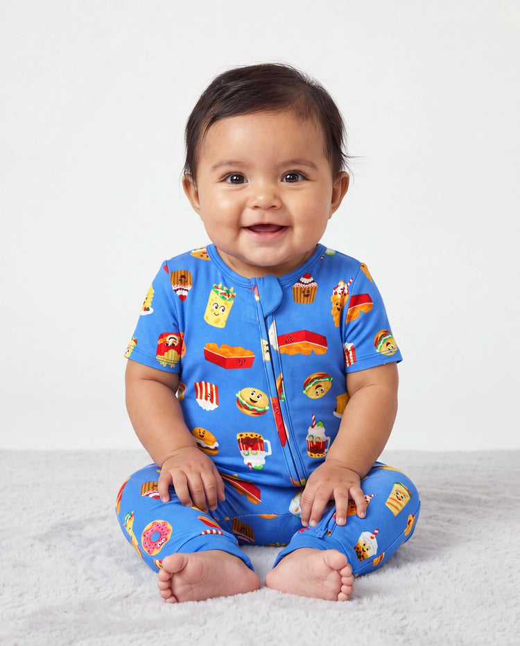 Daddy & Son Bamboo Pajamas Buttery Soft Bamboo PJs for Men Women Kids Toddler, Cute Burger & Fries Print Short Sleeve Sleepwear (Snug-Fitting for Children) Royal Blue