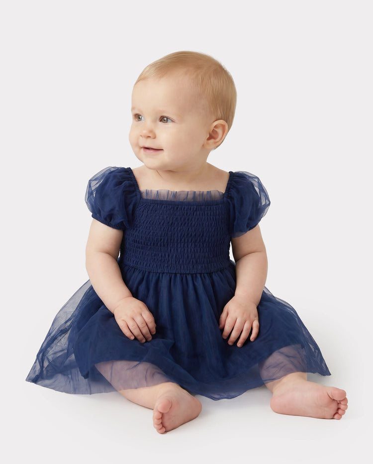 Passende Familien-Sets Kariertes langärmeliges Hemd oder elegantes gerafftes Mieder Puffärmel Tüll-Mesh-Kleid Königsblau