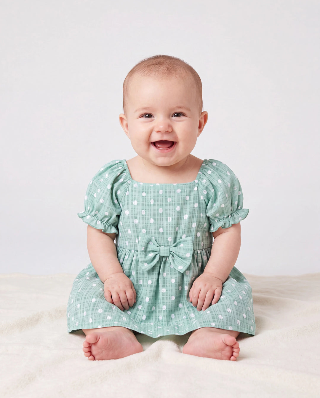 Mommy & me T-Shirt & Dress Set Polka Dot Puff-sleeve Dress for Mom, Daughter & Baby, Color Block Cotton Tee for Dad & Son, Perfect for Family Outings & Photos Light Green