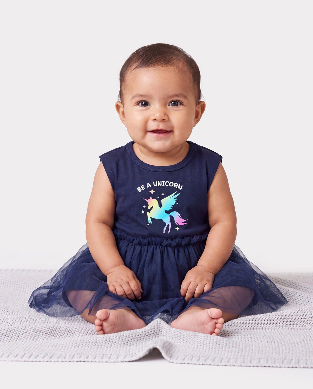 Passende Baumwollkleider für Mama & Ich mit Einhorn-Print und Tüllrock für Mädchen, geknotetes Kleid für Mama, perfekt für Familienausflüge und Fotos, Dunkelblau