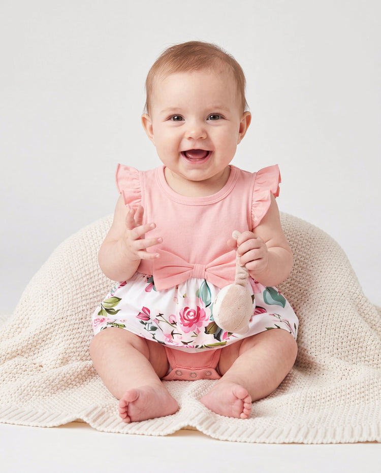 Conjuntos familiares a juego para mamá y yo Vestidos midi sin mangas con estampado floral combinado en rosa y polos de manga corta con bloques de color Rosa
