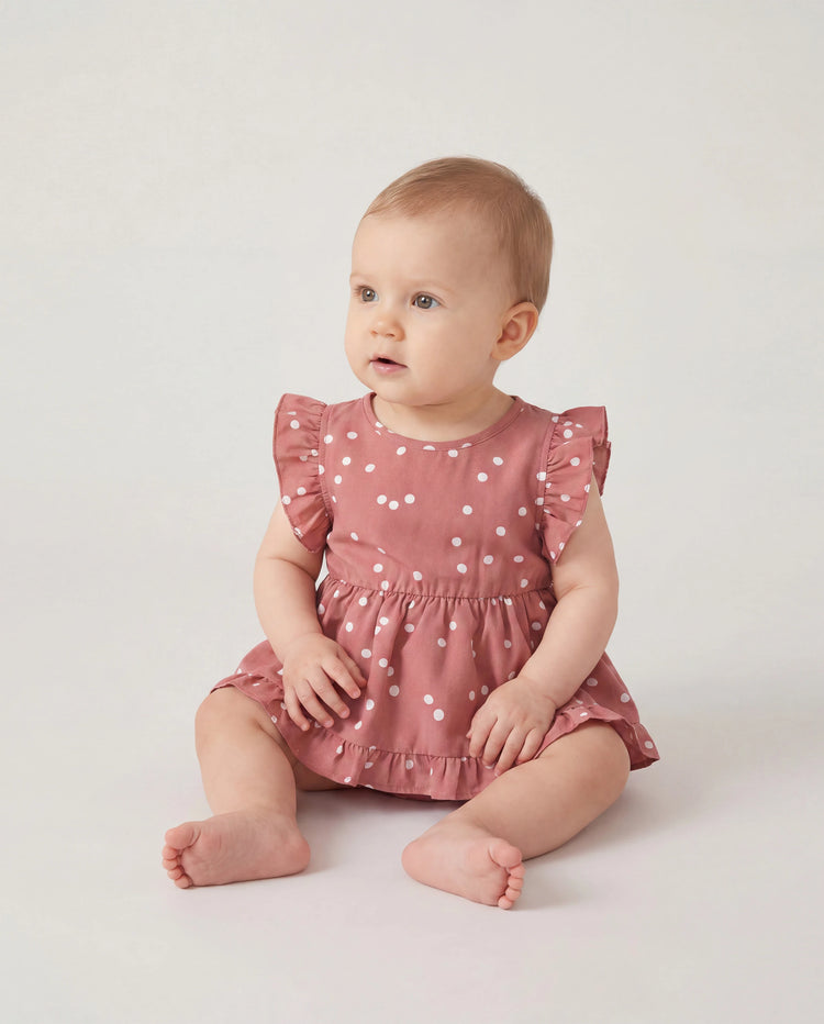All Over Dots Pink Cross Wrap V Neck Ruffle Flutter-sleeve Dress for Mom and Me PinkyWhite