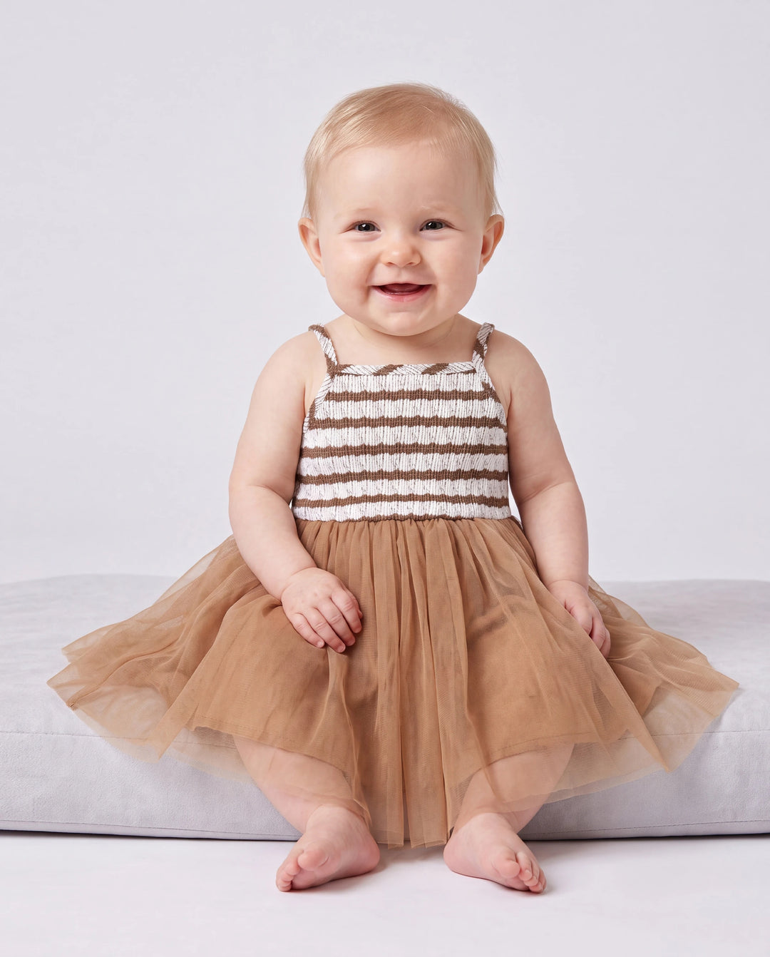 Matching Striped Dresses for Mommy & Me  Twist-Front Dress with Tulle Skirt, Perfect for Summer Family Outings & Photos Khaki