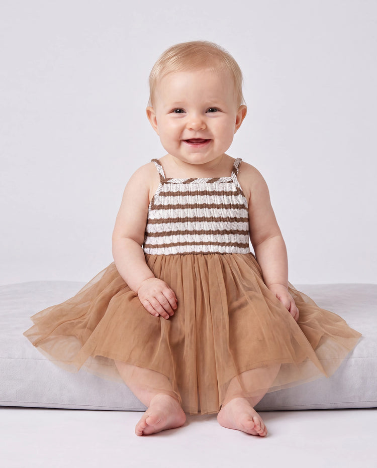 Matching Striped Dresses for Mommy & Me  Twist-Front Dress with Tulle Skirt, Perfect for Summer Family Outings & Photos Khaki