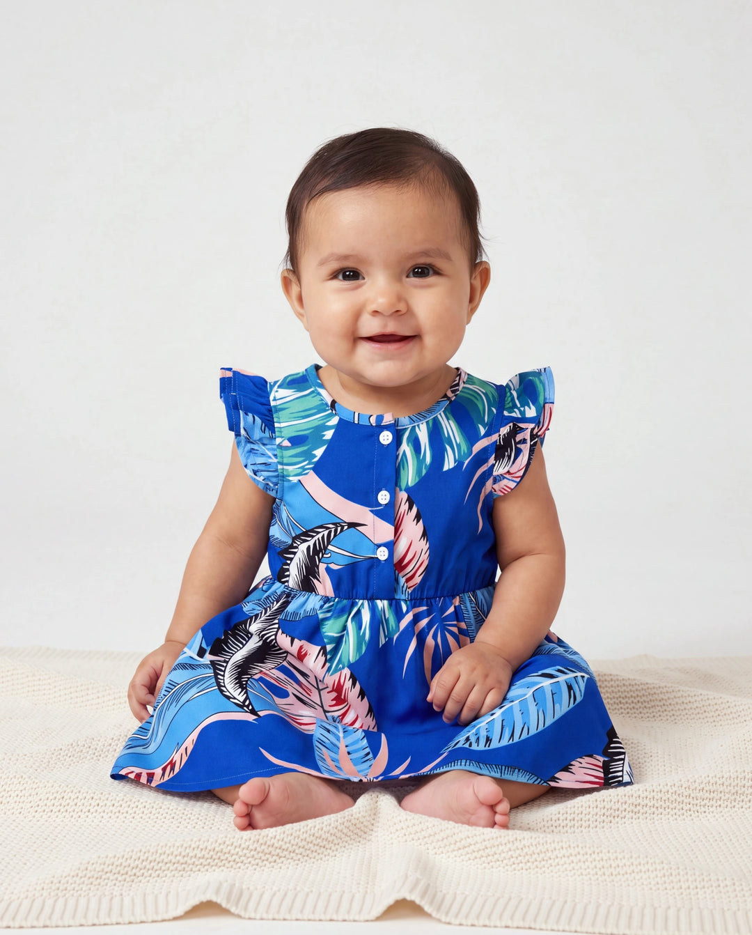 Ensemble robe & tee-shirt tropical Papa & Fille – Imprimé floral bleu pour Papa, Maman, filles & bébé, Parfait pour vacances d'été et photos de famille Bleu