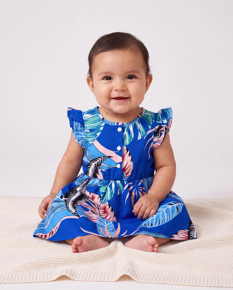 Family Matching Tropical Dress & T-shirt Set – Blue Floral Print for Dad, Mom, Girls & Baby, Perfect for Summer Vacations and Family Photos Blue