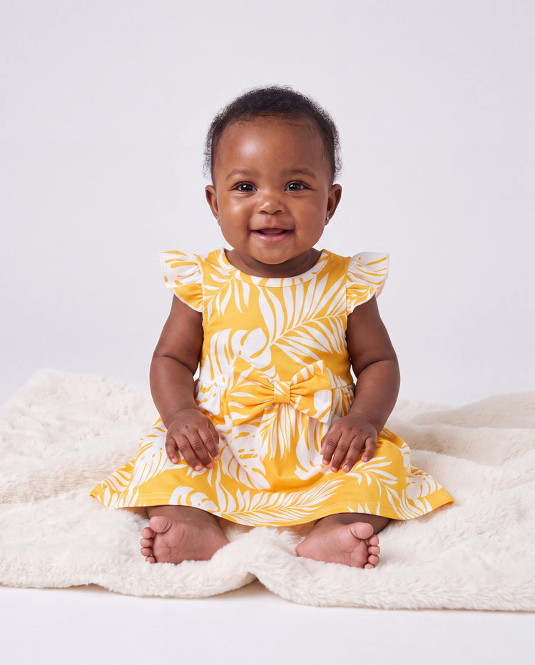 Family Matching Leaf Print  Flutter Dress or Short-sleeve Colorblock Shirts Yellow