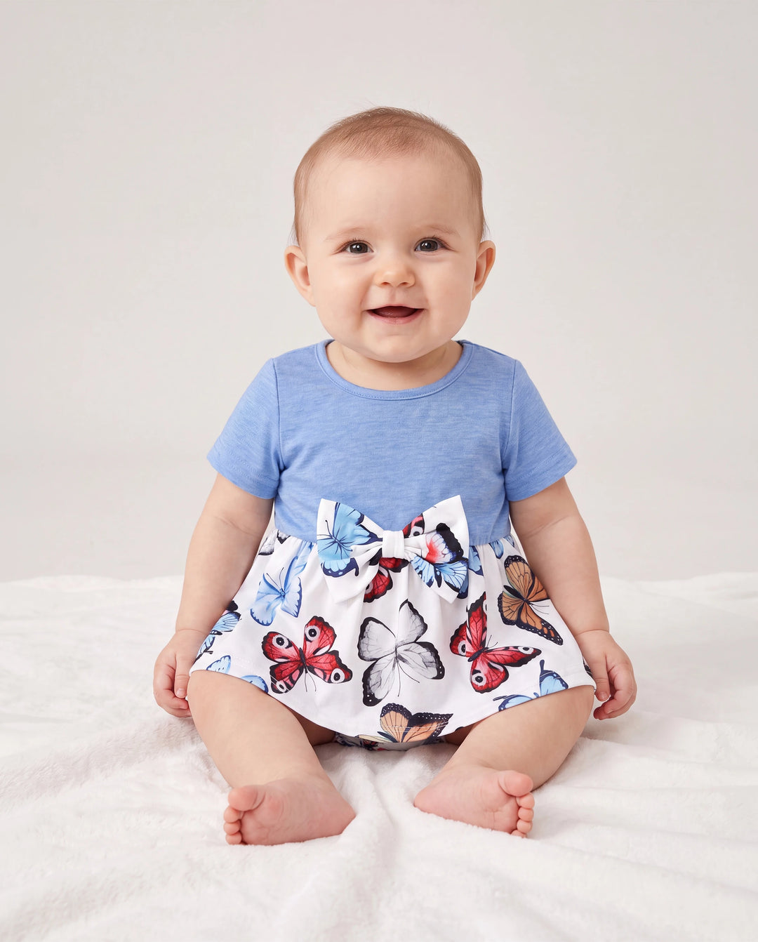 Family Matching Sets Butterfly Soft Casual Tee & Below Knee Dresses with Belted Design Blue Light Blue