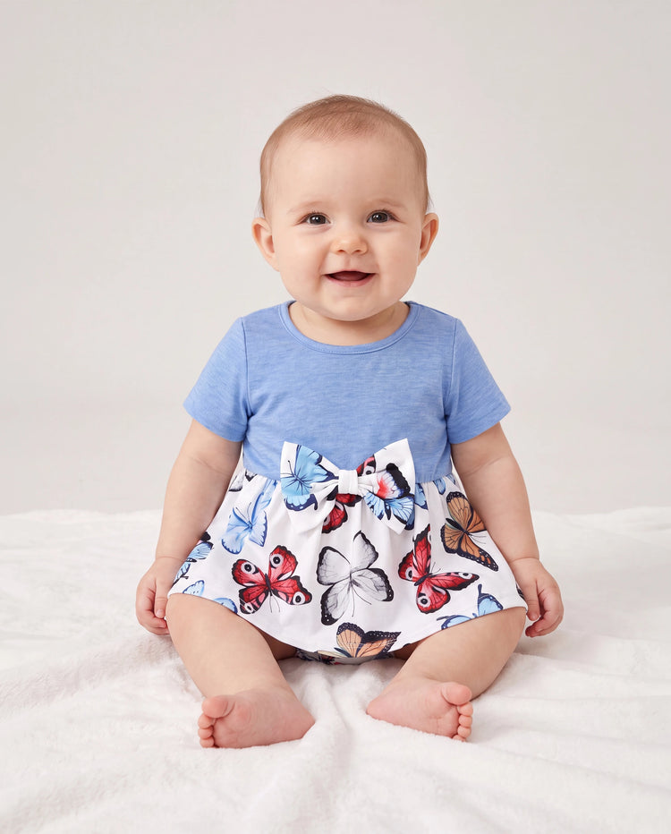 Family Matching Sets Butterfly Soft Casual Tee & Below Knee Dresses with Belted Design Blue Light Blue