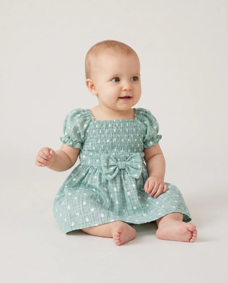 Family Matching T-Shirt & Dress Set Polka Dot Puff-sleeve Dress for Mom, Daughter & Baby, Color Block Cotton Tee for Dad & Son, Perfect for Family Outings & Photos Light Green