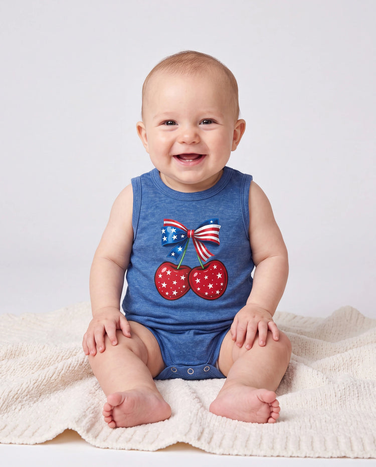 Independence Day Mommy and Me Patriotic Cherry Print Casual Sleeveless Dress Blue