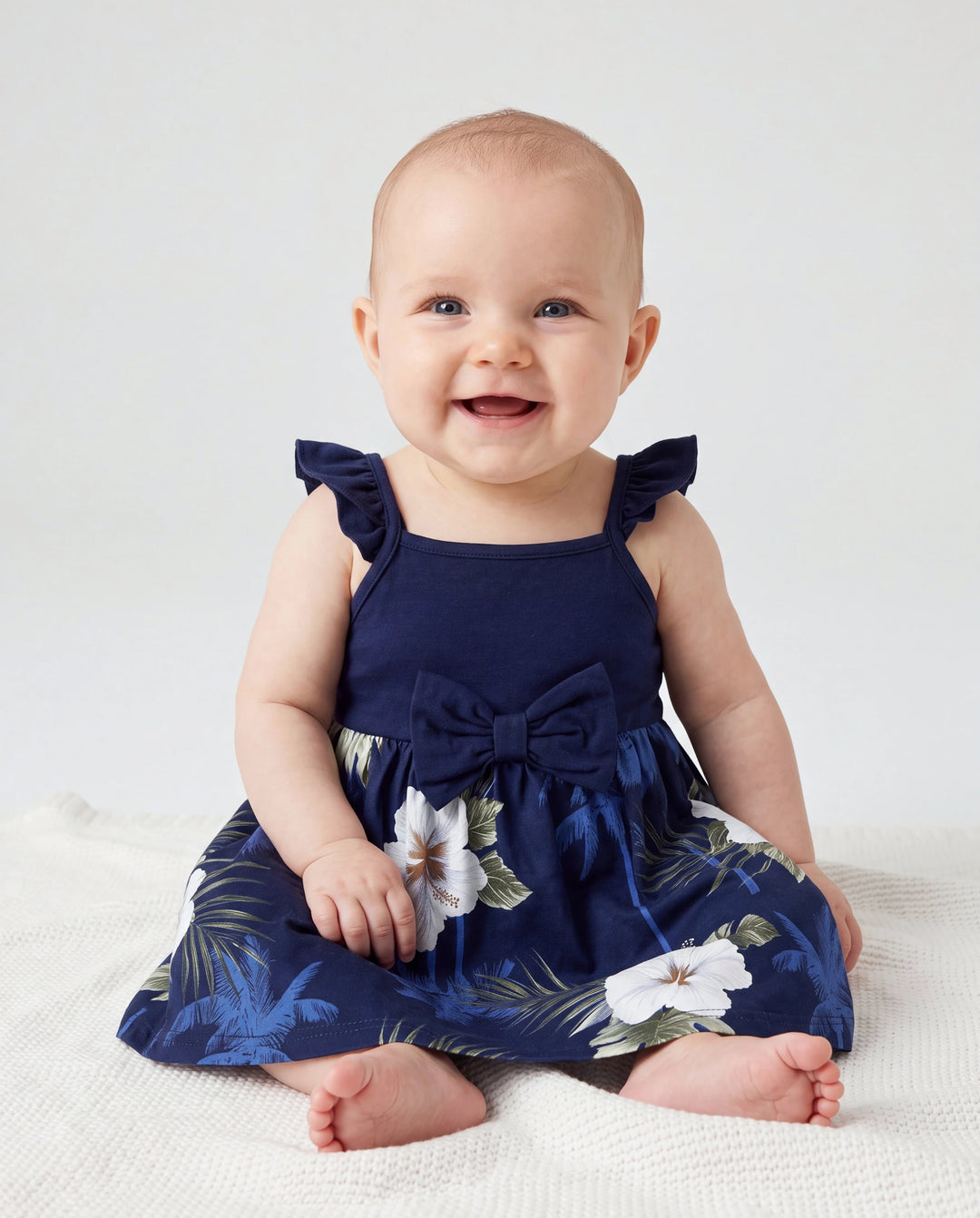 Conjunto Mamá y Yo Vestido sin Mangas con Estampado Floral y Detalles a Juego Azul Oscuro