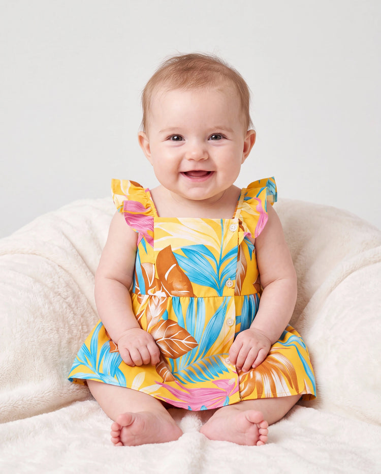 Mommy and Me Family Matching Yellow Set Tropical Leaf Print Short-sleeve Shirt or Strap Dress  Yellow