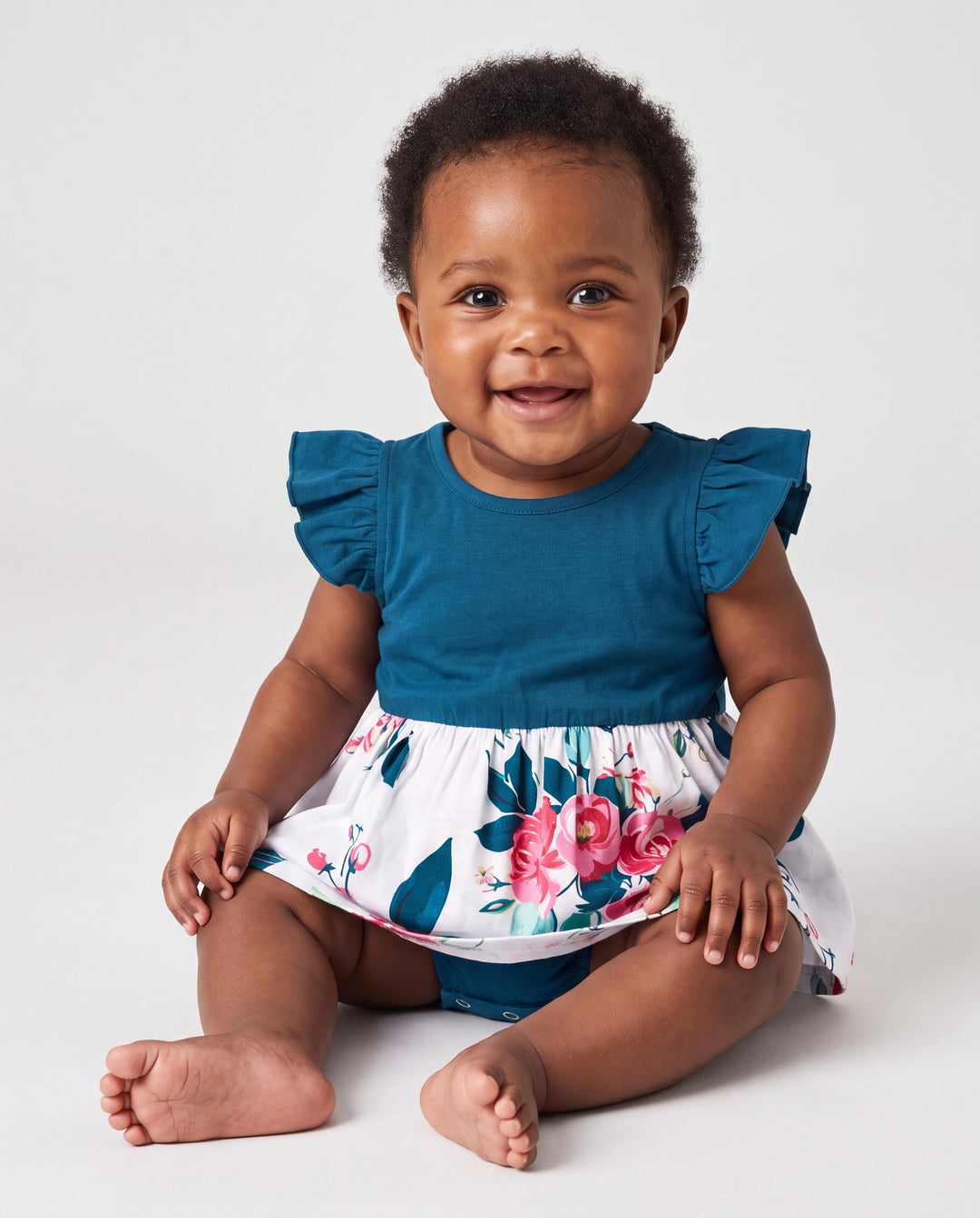 Conjuntos de vestidos para mamá y niña con escote en V sólido, mangas con volantes y combinación de estampado floral Azul celeste-