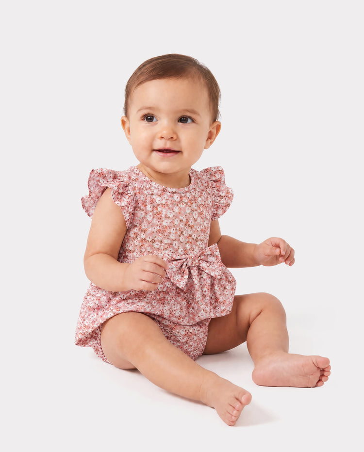 Conjunto de Papá y Hija Camiseta de algodón azul con bloques de color o vestido con fruncido floral y mangas abullonadas Rosa